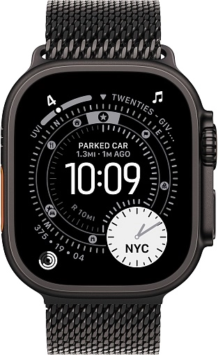 Apple Watch Ultra 3 49 мм, корпус из черного титана, ремешок Milanese черного цвета, размер L