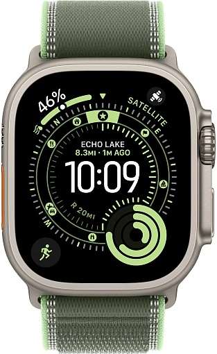 Apple Watch Ultra 3 49 мм, корпус из натурального титана, ремешок Trail зеленого цвета, размер M/L